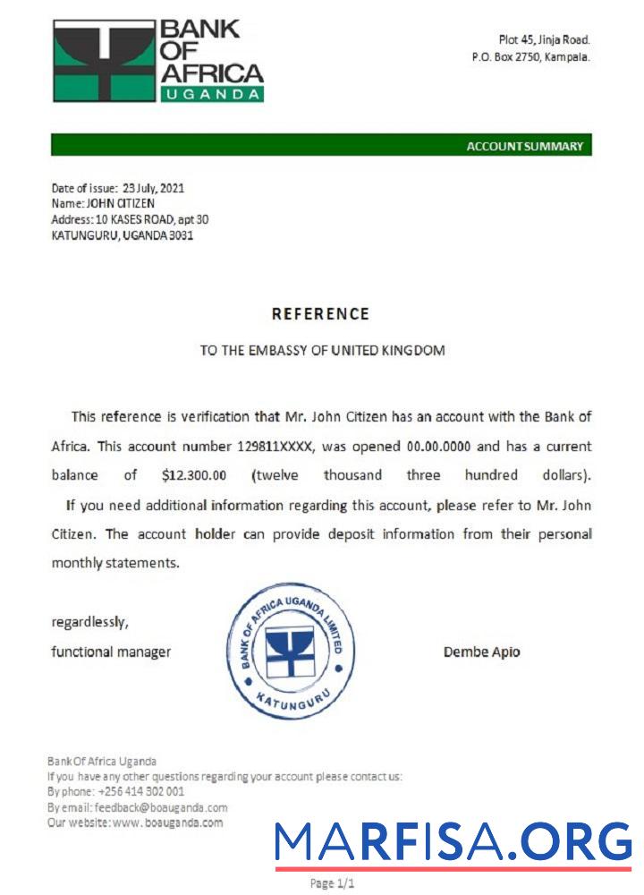 Blank Uganda Bank of Africa reference example